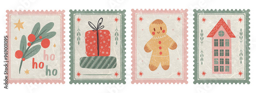 Set of Retro Christmas Postage Stamp with Gingerbread Man, Gifts, Holly Berries, cozy House. Old Textured Holiday Isolated elements for planner, scrapbooking aesthetic collages