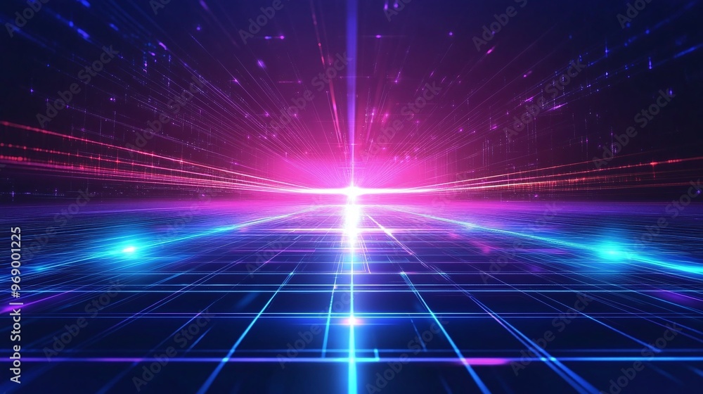 A vibrant digital landscape featuring futuristic lights and grid patterns, ideal for science fiction and technology themes. A vibrant digital landscape featuring futuristic lights and grid patterns, ideal for science fiction and technology themes.