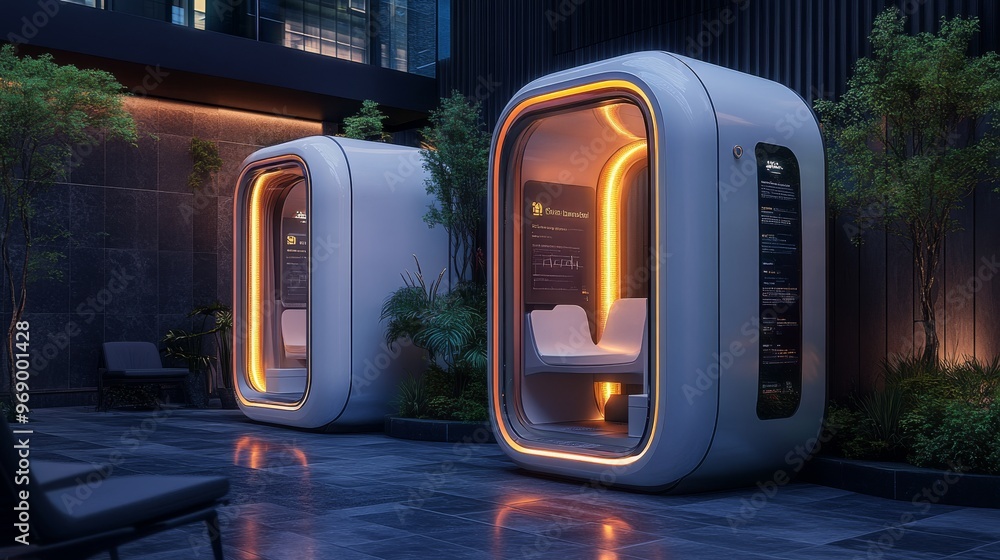 Futuristic AI-powered health diagnostic booths in public spaces: Booths offering quick health scans, giving users personalized medical advice based on AI analysis. Futuristic AI-powered health diagnostic booths in public spaces: Booths offering quick health scans, giving users personalized medical advice based on AI analysis.