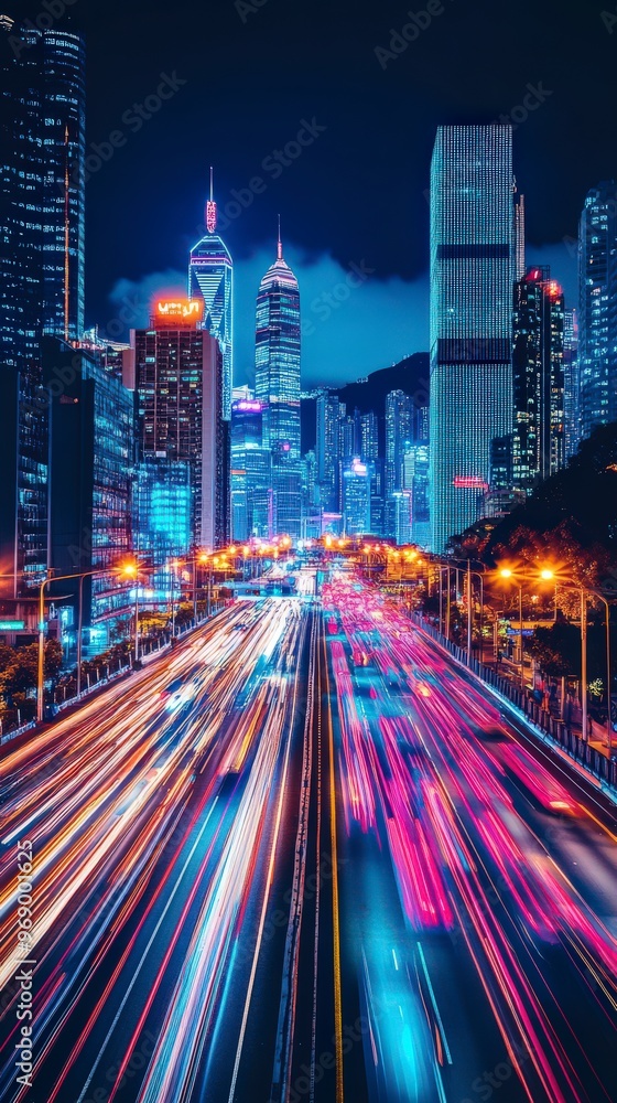 Fototapeta premium Abstract vibrant city skyline with dynamic lights and energy