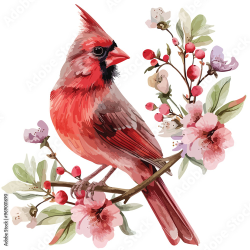 Cardinal Floral Hand-drawn Watercolor Illustration