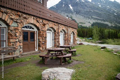 Many Glacier hotel and Swiftcurrent lake, Glacier national park, Montana, USA, August 2024. photo