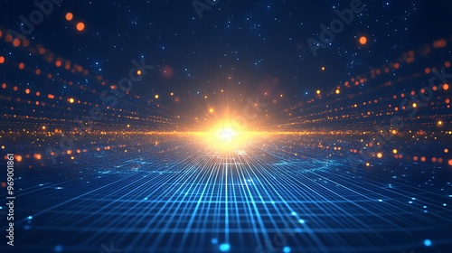 A vibrant digital landscape featuring lines of light leading towards a glowing horizon, symbolizing innovation and technology.