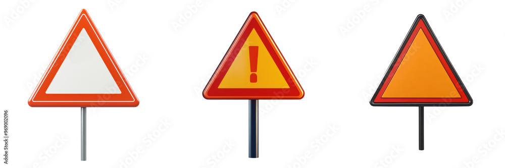 Three triangular road signs with symbols for caution, warning, and construction. Clear background for easy use in designs and presentations. Three triangular road signs with symbols for caution, warning, and construction. Clear background for easy use in designs and presentations.