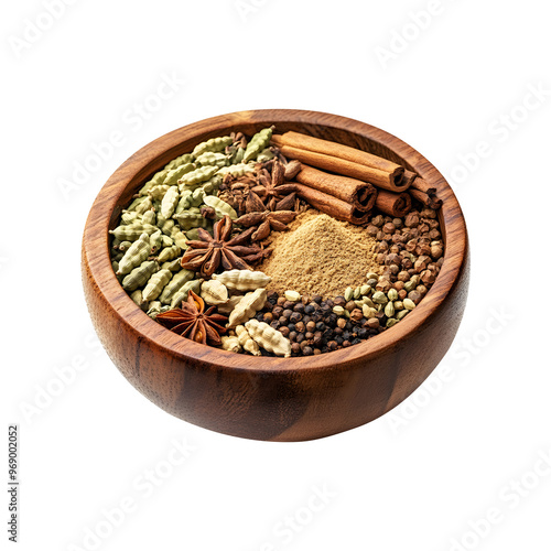 Wooden Bowl with Spices Cardamom, Cumin Powder, and Cinnamon Isolated on Transparent Background Perfect for Post and Banner Graphics