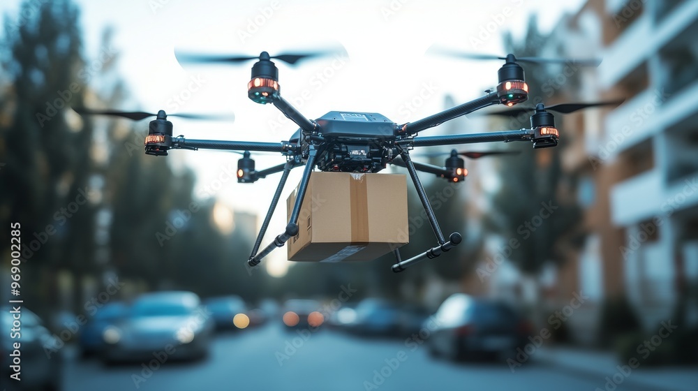 Autonomous AI-guided delivery drones avoiding traffic to deliver goods faster: Drones navigating through city skies to deliver food, packages, and groceries efficiently. Autonomous AI-guided delivery drones avoiding traffic to deliver goods faster: Drones navigating through city skies to deliver food, packages, and groceries efficiently.