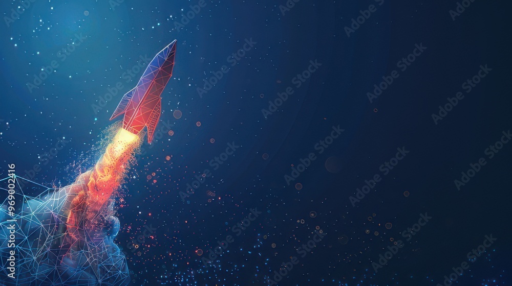 Fototapeta premium Futuristic Rocket Launch with Red and Blue Flame