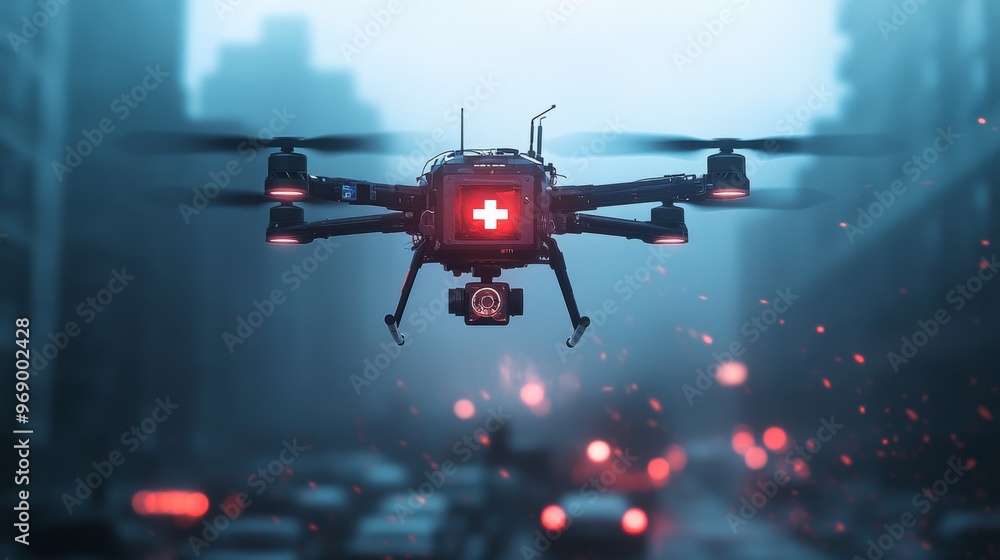 Futuristic AI-powered healthcare drones providing emergency medical services: Drones flying to accident scenes to deliver medical aid. Futuristic AI-powered healthcare drones providing emergency medical services: Drones flying to accident scenes to deliver medical aid.