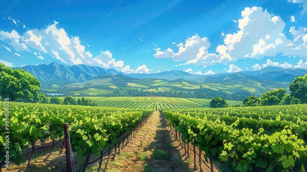 Lush vineyard, ripening grapes, neat rows, bird's-eye view, midday sun, anime style, bountiful harvest, Lush vineyard, ripening grapes, neat rows, bird's-eye view, midday sun, anime style, bountiful harvest,