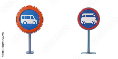Two round bus stop signs with red borders, one displaying a bus icon and the other a van icon, isolated on a white background.