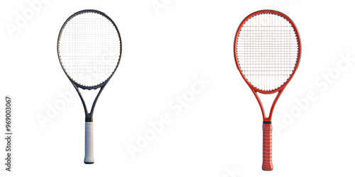 Two tennis rackets isolated on a white background, showcasing different designs and colors. Ideal for sports equipment or fitness images.