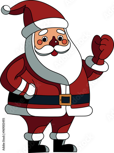 A cartoonish red and white santa standing with his hands on his hips