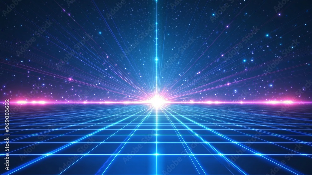 A vibrant digital landscape with rays of light and a grid pattern, evoking feelings of futuristic technology and cosmic exploration. A vibrant digital landscape with rays of light and a grid pattern, evoking feelings of futuristic technology and cosmic exploration.