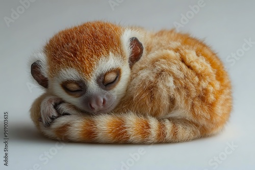 A sleeping slow loris curled up in a ball on a white background. photo