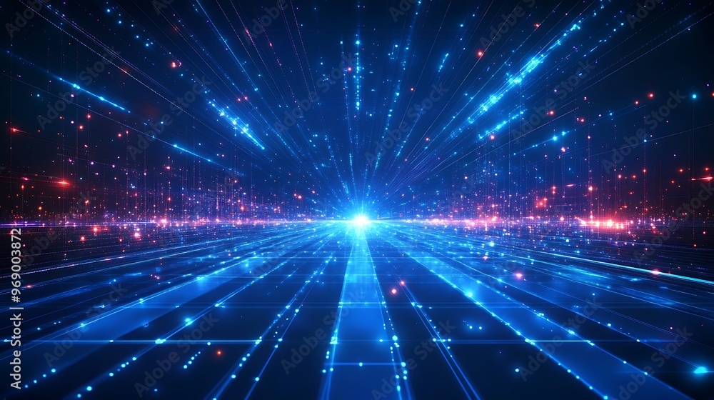 Fototapeta premium A vibrant display of blue and red lights creating a dynamic and futuristic visual effect, ideal for technology and abstract themes.