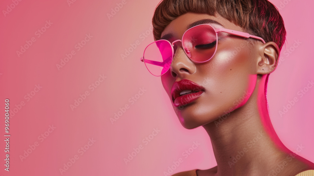 Stylish female model with short hair wearing pink sunglasses and bold makeup, exuding confidence and elegance against vibrant pink background Stylish female model with short hair wearing pink sunglasses and bold makeup, exuding confidence and elegance against vibrant pink background