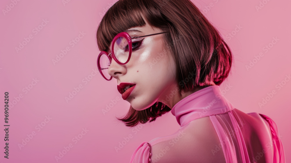 A stylish female model with short hair and round pink glasses poses against vibrant pink background, showcasing modern and artistic look. Her makeup is bold, enhancing her features beautifully A stylish female model with short hair and round pink glasses poses against vibrant pink background, showcasing modern and artistic look. Her makeup is bold, enhancing her features beautifully