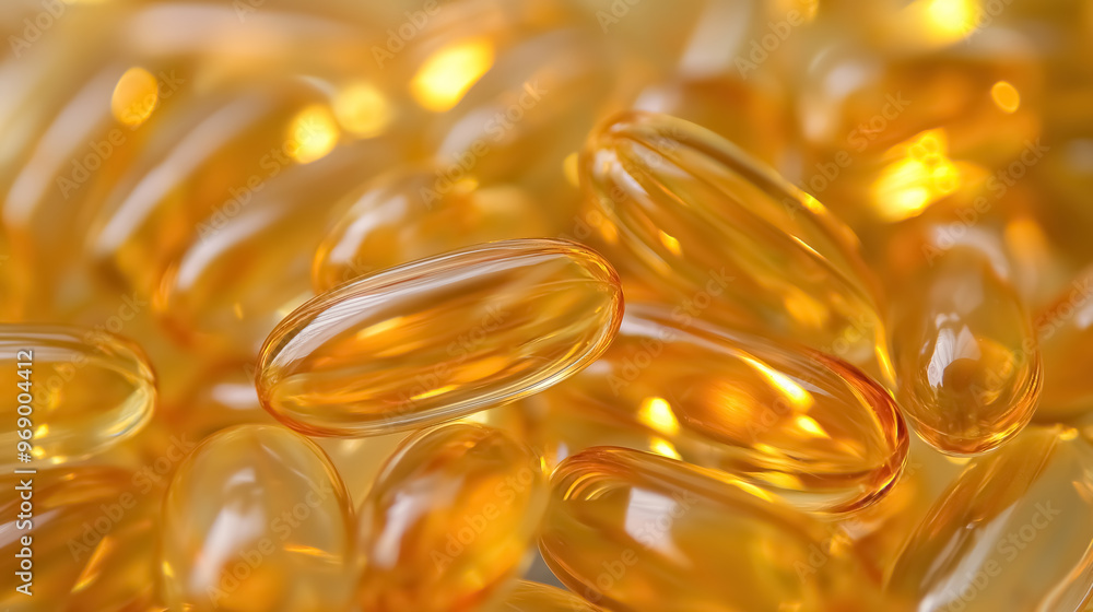 A detailed close-up of fish oil capsules, showing their vibrant golden hue and smooth, glossy texture A detailed close-up of fish oil capsules, showing their vibrant golden hue and smooth, glossy texture