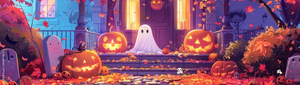 A Halloween scene with a ghost and pumpkins A Halloween scene with a ghost and pumpkins