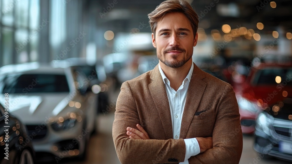Obraz premium Dealership automotive. Auto insurance. Businessman dealer outdoor. Dealer man in expensive suit. Business man rent car. Insurance agent at luxury car. Successful car dealer. Car policy