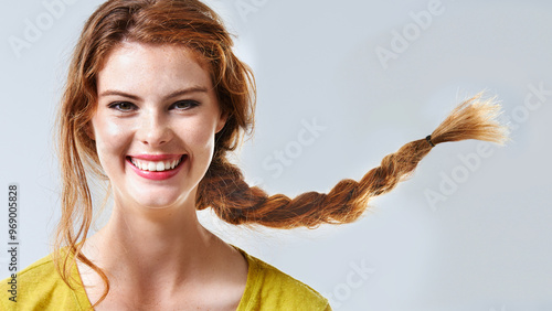 Slika na platnu Haircare, portrait and woman with braid, studio and smile in mockup, plait and happy with hairstyle