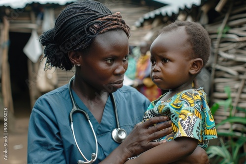 Smiling Healthcare Worker Holds Happy Child in Rural Community Setting