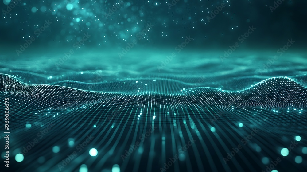 Abstract digital landscape featuring luminous waves and particles in a serene turquoise environment. Abstract digital landscape featuring luminous waves and particles in a serene turquoise environment.