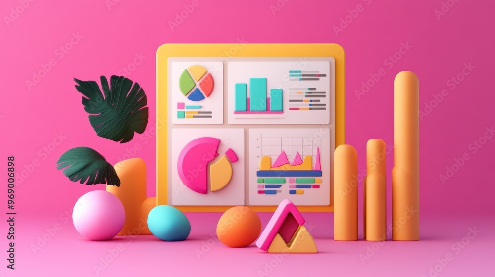 Colorful 3D Charts and Geometric Shapes on Pink Background Colorful 3D Charts and Geometric Shapes on Pink Background