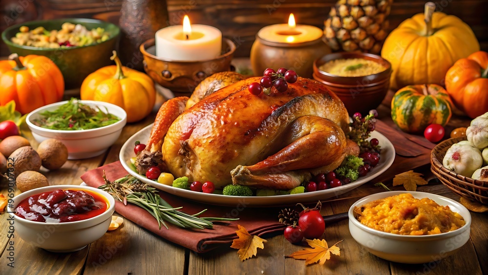 beautifully roasted turkey as the centerpiece of a lavish Thanksgiving dinner table. beautifully roasted turkey as the centerpiece of a lavish Thanksgiving dinner table.