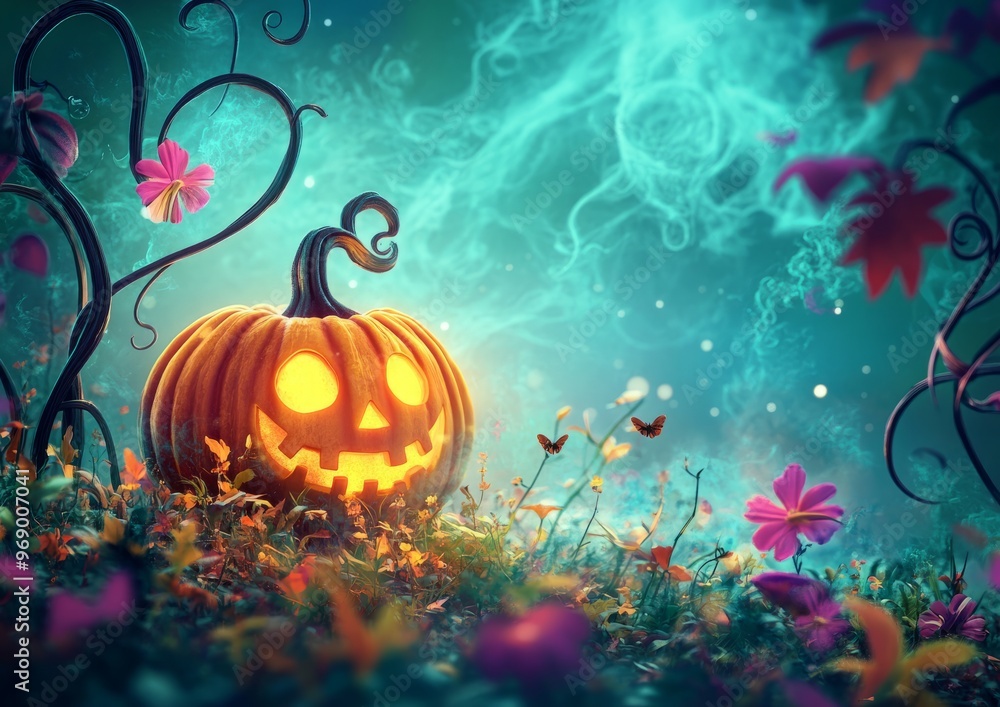 Enchanting Luxury 3D Whimsical Haunted Pumpkin Patch with Glowing Jack O'Lanterns and Colorful Waves, Cartoon Animation Style Enchanting Luxury 3D Whimsical Haunted Pumpkin Patch with Glowing Jack O'Lanterns and Colorful Waves, Cartoon Animation Style