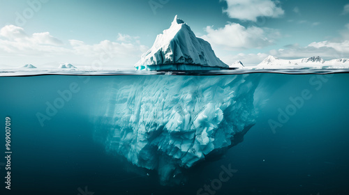 An iceberg in the sea seen at water level. 