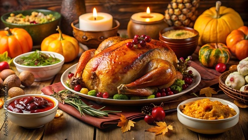 beautifully roasted turkey as the centerpiece of a lavish Thanksgiving dinner table.