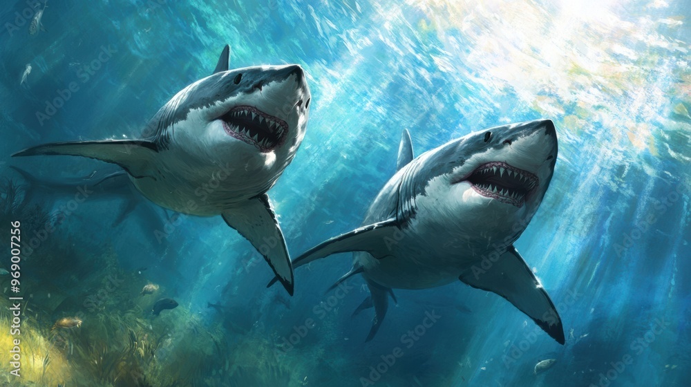 Fototapeta premium Two sharks swimming in the ocean with their mouths open, AI