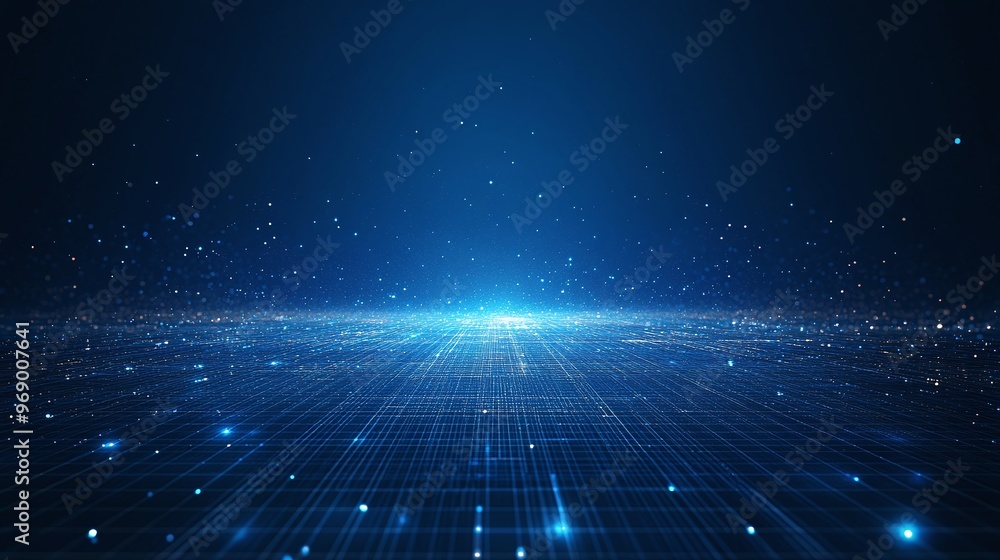 Abstract digital landscape with glowing particles and vibrant blue light, creating a futuristic atmosphere for technology visuals. Abstract digital landscape with glowing particles and vibrant blue light, creating a futuristic atmosphere for technology visuals.