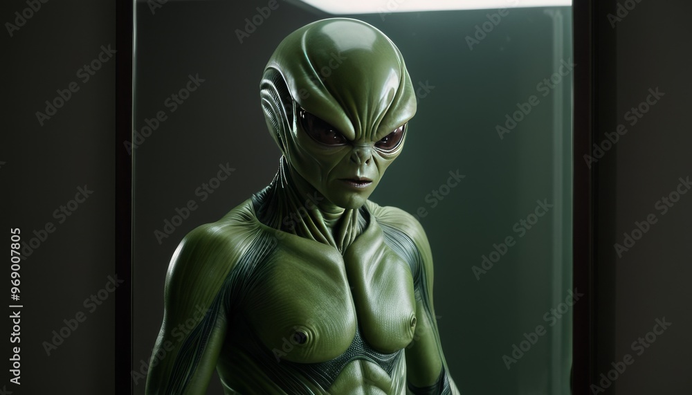 Obraz premium A close-up shot of a green alien figure with detailed features, standing in a dimly lit room. The image emphasizes otherworldly themes, extraterrestrial life, and science fiction, making it perfect