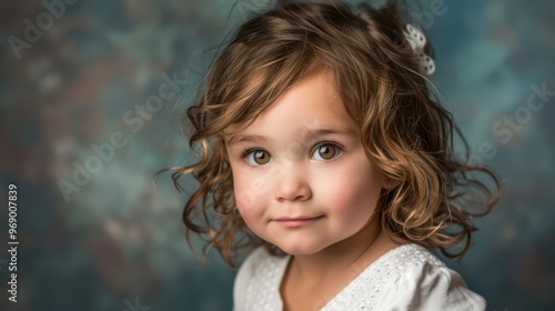 A portrait of a young child with curly hair, wearing a white dress, smiling softly against a colorful backdrop.