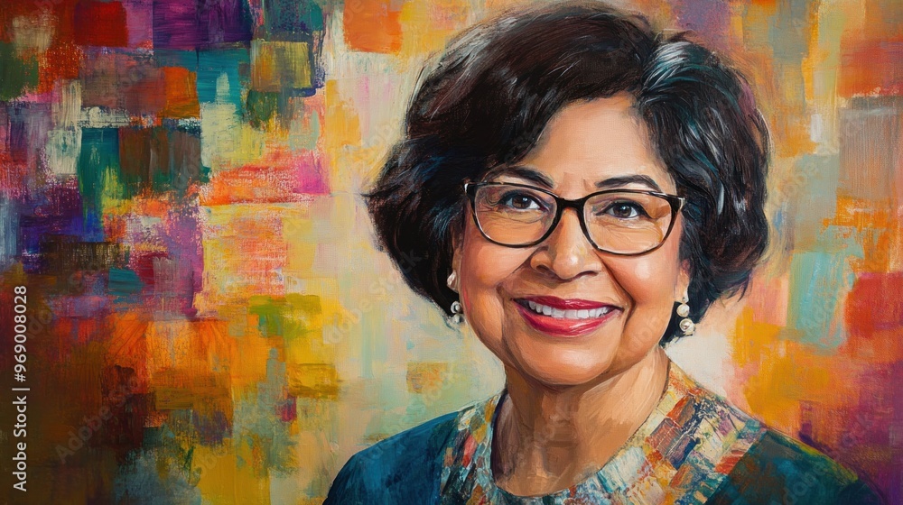 Oil Painting Portrait of a Smiling Woman with Glasses Oil Painting Portrait of a Smiling Woman with Glasses