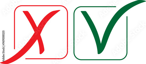 Set of check and cross mark icons. Green tick and red cross checkmarks