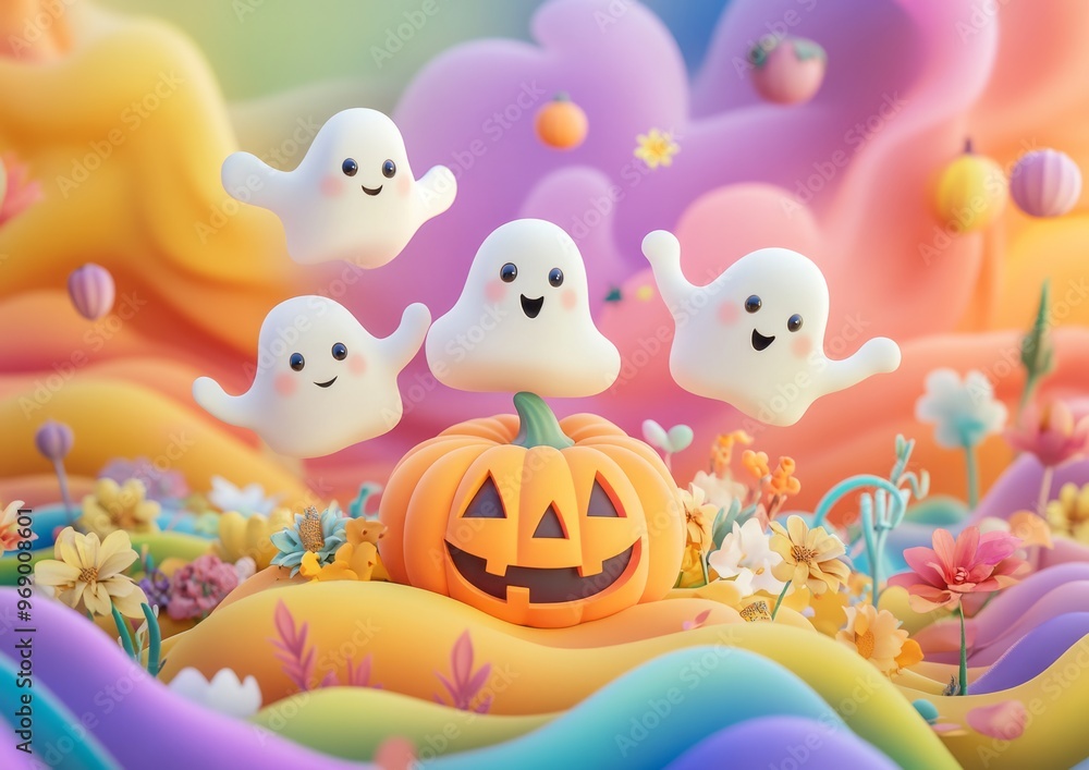 Whimsical Claymation Halloween Scene with Cute Ghosts, Jack O'Lantern, and Colorful Waves - 3D Animation Whimsical Claymation Halloween Scene with Cute Ghosts, Jack O'Lantern, and Colorful Waves - 3D Animation