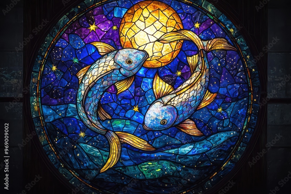 Obraz premium Colorful stained glass artwork depicting two playful koi fish swimming in a moonlit underwater scene