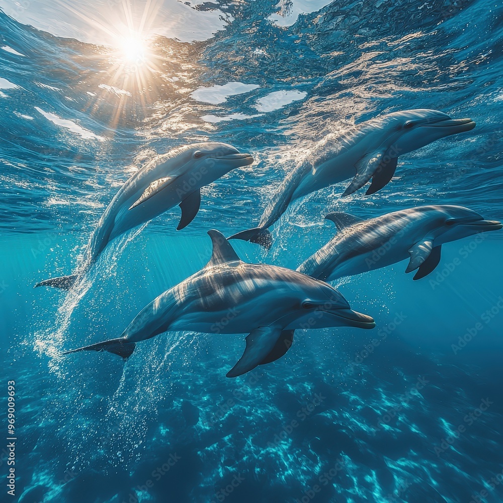 Fototapeta premium Stunning underwater shot of dolphins swimming gracefully in the sunlight, showcasing marine life in crystal-clear ocean waters.