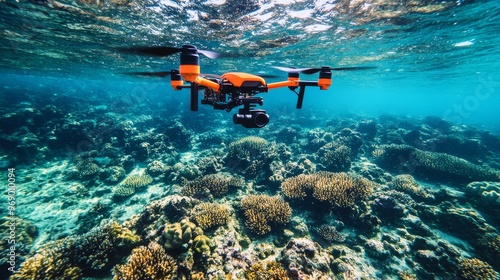 Autonomous AI-guided drones monitoring coral reefs for health and conservation: Drones collecting data from underwater ecosystems, helping preserve coral reefs. photo