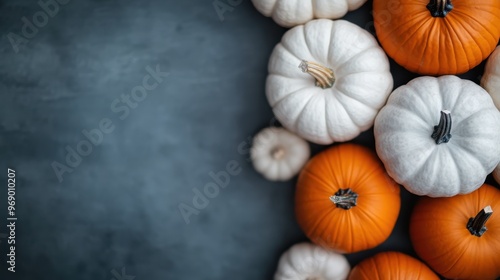 A variety of orange and white pumpkins arranged on a dark background, showcasing the beauty of autumn with their contrasting colors and forms, ideal for seasonal decorations. photo