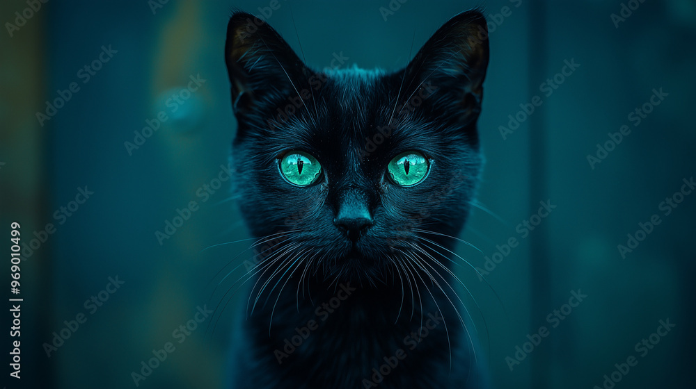 A sleek, cinematic close-up of a black cat with glowing green eyes, set against a dark blue background. Smooth textures and soft lighting add to the mysterious atmosphere. A sleek, cinematic close-up of a black cat with glowing green eyes, set against a dark blue background. Smooth textures and soft lighting add to the mysterious atmosphere.
