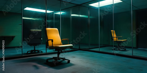 Interrogation Room: A cold, bare space with a single chair opposite a mirrored wall and hidden recording devices. photo