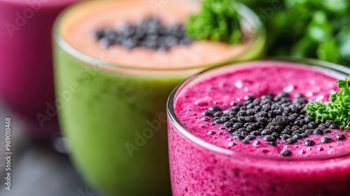 Three glasses filled with vibrant smoothies, each topped with seeds and garnished with fresh herbs. These visually appealing drinks are the epitome of health and taste. photo