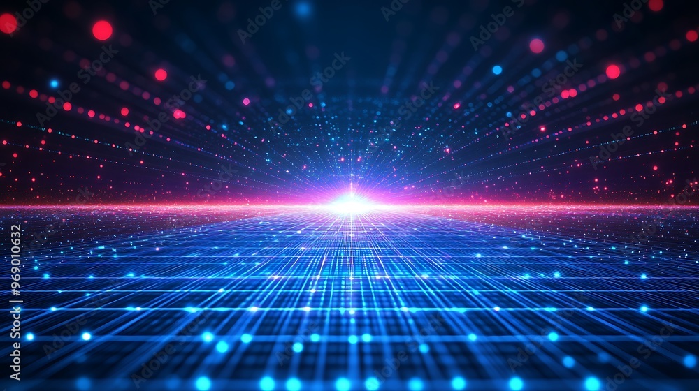 Dynamic abstract background with vibrant neon lights and grid patterns, ideal for tech, innovation, or digital themes. Dynamic abstract background with vibrant neon lights and grid patterns, ideal for tech, innovation, or digital themes.