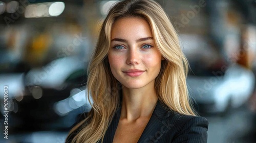 Car dealership, portrait a woman, smile and confidence an auto insurance agency. Transport, rental and happy sales consultant at motor showroom with digital app for online networking