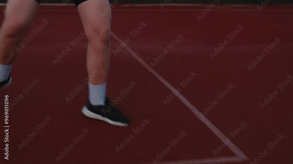 Female athlete legs in white golf socks and sneakers. Female basketball player bouncing ball from hand to hand, practicing cross legs exercise at court next to stadium Female athlete legs in white golf socks and sneakers. Female basketball player bouncing ball from hand to hand, practicing cross legs exercise at court next to stadium