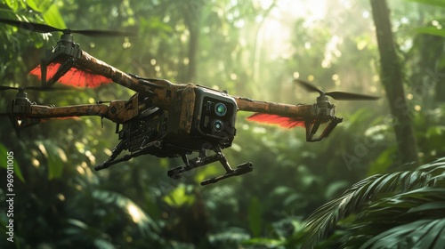 Autonomous AI-guided drones monitoring endangered wildlife: Drones patrolling forests and jungles, tracking and protecting endangered species.